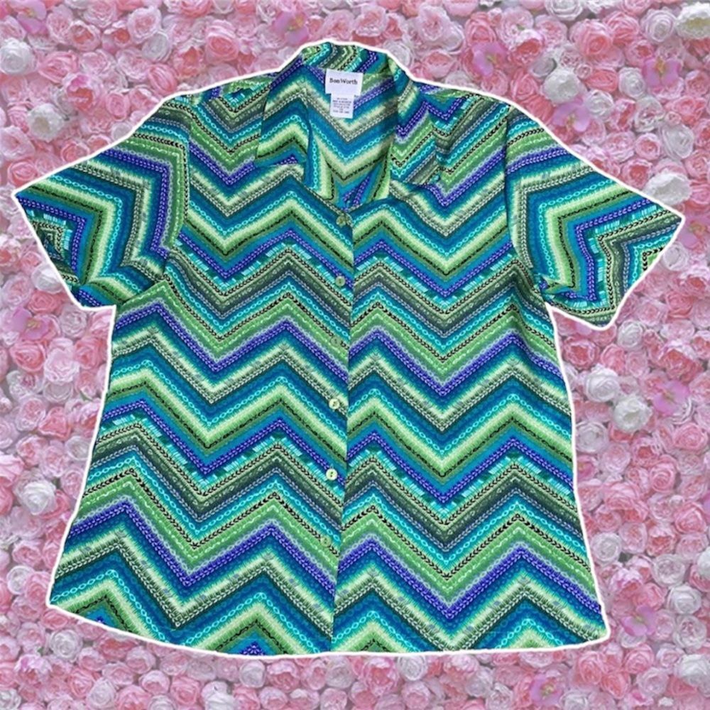 Vintage Shirt 80s Bonworth XS Petite Zig Zag Rave Grandmacore Maximalist Funky